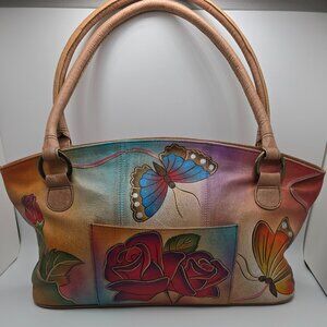 ANNA By Anuschka Leather Purse Handbag Hand Painted Butterflies and Roses